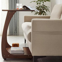 Hokku Designs Retro Walnut End Table - Premium Material, C-Shaped Design, Mobility With Wheels, Versatile Functionality,