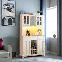 Brayden Studio 70.9'' Tall Farmhouse Pantry With Led Lights, Wine Glass Racks, 3 Drawers And Outlet