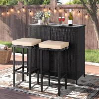 Latitude Run® 3-Piece Wicker Outdoor Furniture Bar Set, 2 Stools And 1 Glass Top Table, Large-Capacity Storage Space Bro
