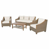 Red Barrel Studio 4-Piece Rattan Outdoor Conversation Sofa Set with Wooden Coffee Table and Cushions