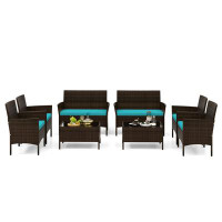 Ebern Designs Ebern Designs 8pcs Patio Rattan Conversation Set Outdoor Wicker Furniture Set w/ Tempered Glass Table