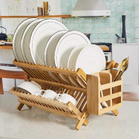qxttech Bamboo Dish Drying Rack-2 Tier , Collapsible Small Dish Rack With Utensil Holder, Wooden Drying Rack For Kitchen