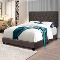 Rosefray Simple Style In Plaid Design - Brown Queen Size Adjustable Upholstered Bed Frame With Stain-resistant Pvc Leath