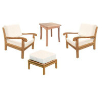 Teak Smith 4 Pc Lounge Chair Set: 2 Lounge Chairs, Ottoman&SideTable + Sunbrella #5404 Canvas Natural Cushions-33" H x 3