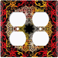 WorldAcc Metal Light Switch Plate Outlet Cover (Red Yellow Circle Mandala Black  - Double Duplex)
