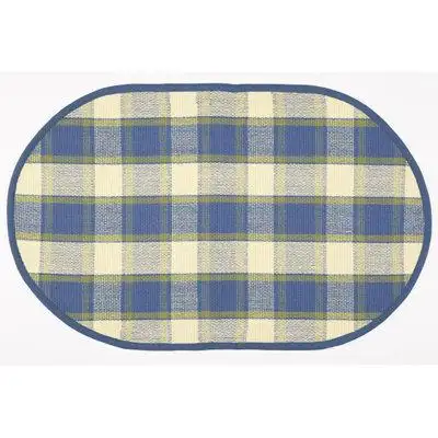 Gracie Oaks Blue,Green And Cream Checked Oval Floor Mat