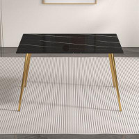 Mercer41 Modern Rectangular Imitation Marble Glass Dining Table With Metal Legs
