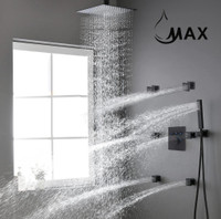 Ceiling Thermostatic Shower System Three Function Handheld With 6 Body Jets and Valve Matte Black Finish