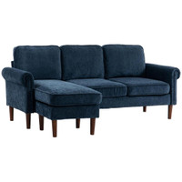 L SHAPE SOFA, MODERN SECTIONAL COUCH WITH REVERSIBLE CHAISE LOUNGE, WOODEN LEGS, CORNER SOFA FOR LIVING ROOM, DARK BLUE
