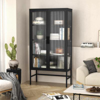 Latitude Run® Double Glass Door Storage Cabinet With Adjustable Shelves And Feet Cold-Rolled Steel Sideboard Furniture F