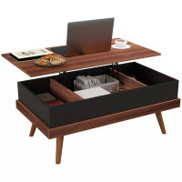 George Oliver Lift Top Coffee Table, 39.25" Coffee Table With Hidden Compartments And Wood Legs, Walnut