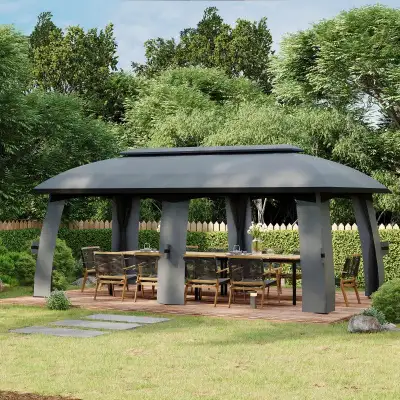 This 10' x 20' gazebo provides durable, fade-resistant shade with adjustable privacy nettings to blo...