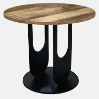 Loon Peak 22 Inch Side End Table, Round Natural Mango Wood Top, Black Iron U Shaped Legs