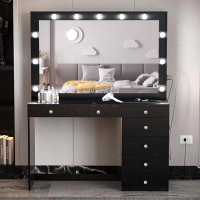 Boahaus LLC Boahaus Makeup Vanity Desk, 7 Drawers, Lights, USB Outlet, Glass Top