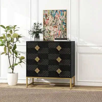 Everly Quinn 3 Drawer Storage Cabinet,3 Drawer Modern Dresser,  Chest Of Drawers With Decorative Embossed Pattern Door F