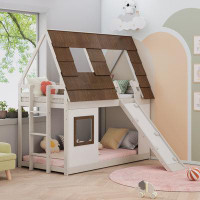 Harper Orchard Twin-size Wooden House-shaped Bunk Bed With Window, Roof Design, Ladder & Slide In Brown And White