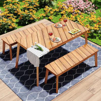 Millwood Pines 3 Pieces Acacia Wood Table Bench Dining Set For Outdoor & Indoor Furniture
