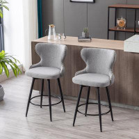 George Oliver Set of 2 Swivel Bar Stools: Modern Leathaire Fabric, Counter Height 25", Tufted with Gold Trim,Beige