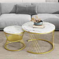 Mercer41 Nesting Coffee Table With Marble Grain Table Top, Golden Iron Frame Round Coffee Table, Set Of 2, For Living Ro