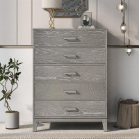 Gracie Oaks Modern Concise Style Grey Wood Grain Five-Drawer Chest With Tapered Legs And Smooth Gliding Drawers