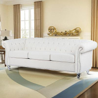 Charlton Home Wooden frame, three-seater sofa with tufted buttons and nailheads for living room
