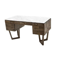 Tree Line Furniture Writing Desk Made Of Wood And White Carrara Marble Top, 1 Drawer And 2 Doors