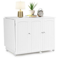 FRESCOLY Folding Sewing Table Shelves Storage Cabinet Craft Cart With Wheels-White