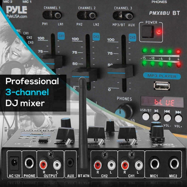 PYLE PMX88U 3 CHANNEL DJ SOUNDBOARD MIXER SYSTEM with Mic Talkover in Performance & DJ Equipment - Image 4