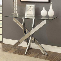Wrought Studio Rectangular Glass Top Sofa Table With Criss Cross Base, Silver And Clear