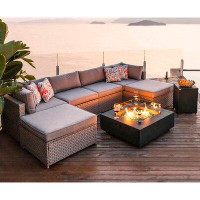 Hokku Designs Latitude Run 8-Piece Fire Pit Table Outdoor Furniture Sofa, Grey Wicker Cushion Sectional W 35-Inch Square