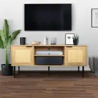 Latitude Run® Wooden TV Stand For Tvs Up To 65 Inches,With 2  Rattan Decorated Doors  And 2 Open Shelves,Living Room TV