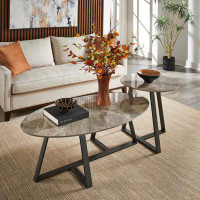 Kingstown Home Dinant Glossy Sintered Stone With Grey Metal Base Table - Grey Top, Coffee And End Table Set