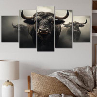 Design Art Grey Buffalo Gentle Guardians II - Animals Wall Art Living Room - 5 Panels