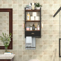 17 Stories 3 Tier Bathroom Towel Rack Shelf With Storage Drawer Double Towel Bars And Hooks, Rustic Black And Brown