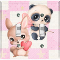 WorldAcc Metal Light Switch Plate Outlet Cover (Cute Nursery Rabbit Panda Heart Pink - Single Toggle)