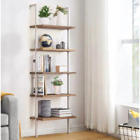 17 Stories 17 Stories 5-shelf Wood Bookcase And Bookshelf, Wall Mounted Learning Ladder Display Rack, Brown Finish