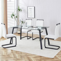 Ivy Bronx Rectangular Glass Dining Table Set With 4 White Pu Chairs - Elegant And Modern Furniture Ensemble