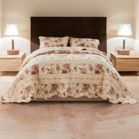 House of Hampton Rosle 3 Piece King Bedspread Set, Floral Print, Scalloped, Cream, Pink