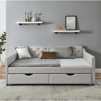 Wildon Home® Queen Size Daybed With Drawers Upholstered Tufted Sofa Bed,With Button On Back On Waved Shape Arms