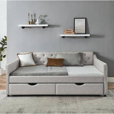Wildon Home® Queen Size Daybed With Drawers Upholstered Tufted Sofa Bed,With Button On Back On Waved Shape Arms in Couches & Futons