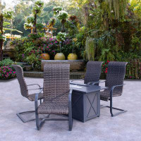 Orren Ellis Courtyard Casual Santa Fe Dark Grey 5 Piece Rectangle Fire Pit Set With 1 Fire Pit And 4 Wicker Spring Chair