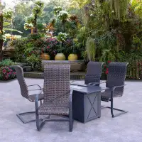 Orren Ellis Courtyard Casual Santa Fe Dark Grey 5 Piece Rectangle Fire Pit Set With 1 Fire Pit And 4 Wicker Spring Chair