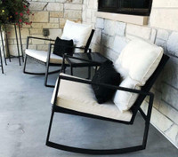 Outdoor Patio Wicker Furniture Set Glass Top Coffee Table Metal Rocking Chairs
