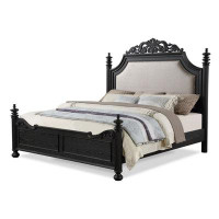 Benjara Berry King Size Bed, Scrolled Headboard, Cream Upholstery, Black Wood