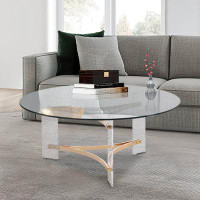 Benjara Hale 41 Inch Round Coffee Table, Glass Top, Acrylic Legs, Clear, Gold