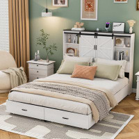 Gracie Oaks Sigitas Farmhouse Queen Size Bed Frame with Storage Bookcase Headboard with Sliding Barn Door