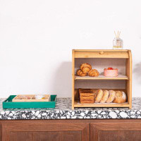 Foundry Select Double Layer Large Bread Box For Kitchen Counter,Bamboo Large Capacity Bread Storage Bin,Counter-Large Ca