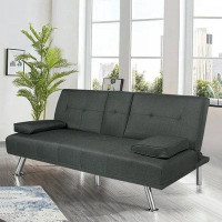Ebern Designs Ebern Designs Modern Futon Sofa Bed, Upholstered Rmovable Armrests Sofa With Cup Holders, Dark Grey