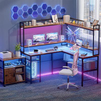 Inbox Zero Laveeza L-Shaped Desk with Hutch & Monitor Stand, Home Office Desk with Power Outlet & LED Light