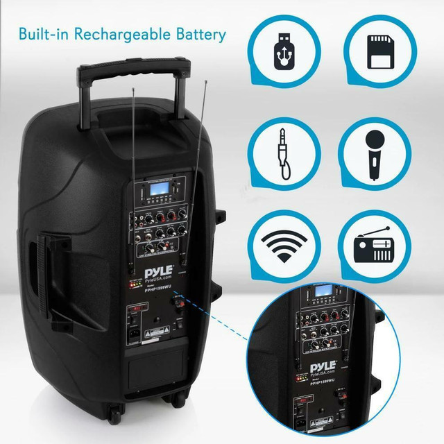 PYLE PPHP1599WU.5 PA System - 1600W 15 Powered Bluetooth Speaker with Rechargeable Battery - Best Karaoke System (QC) in Performance & DJ Equipment in Québec - Image 2